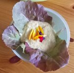 Curryquark auf Salat, garniert mit verschiedenen Blütenblättern.jpg